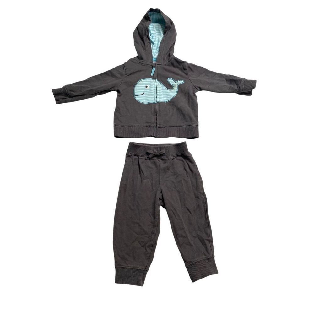 Carter’s Baby Boy 2 Piece Outfit 9M Hoodie Pants Whale Gray Set Kids Cute Cozy